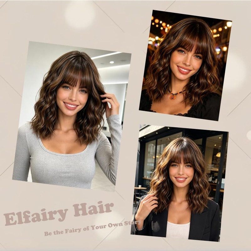 Brown Highlights Wig with Bangs for Women,12 Inch Wavy Bob