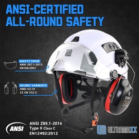 UM ULTRAMAXX Type II Class C Hard Hat | Flip-up Visor & Detachable Ear Muffs | ANSI Z89.1 Certified, Vented with Reflective Strips (White with Clear Visor)