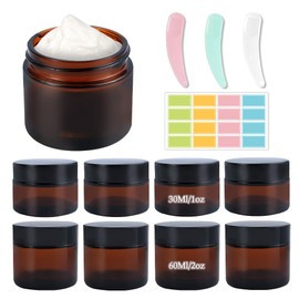 Jiayaus 8PCS Amber Glass Jars, 30ml/60ml Cosmetic Jars Containers with Inner Liners and Lids, Refillable Travel Pots, Sample Pots with Label Squeegees Suitable for Cosmetics, Lotions, Creams