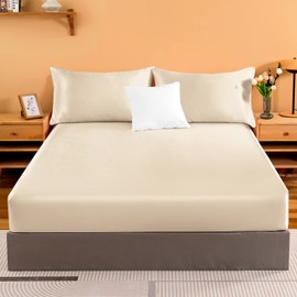 NSGZ Satin Fitted Sheet Twin, Single Silky Fitted Sheet Only Soft Deep Pocket Bottom Bed Sheets, Wrinkle Free & Fade Resistant & Breathable Bottom Sheets- Light Khaki