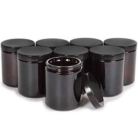 Vivaplex, Amber, 8 ounce, Round Glass Jars, with Black Lids - 8 pack