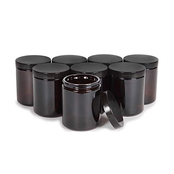 Vivaplex, Amber, 8 ounce, Round Glass Jars, with Black Lids - 8 pack