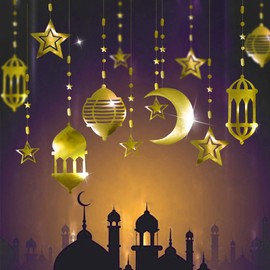 16pcs Shining Gold Star Moon Lantern Ramadan Garland EID Decoration Home Happy Ramadan Mubarak Party Banner Hanging Streamer Backdrop for Aladdin Egyptian Aladdin Islam Holiday Birthday Wedding