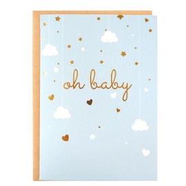 Baby Shower Card - Single Greeting Cards 5" x 7" with Kraft Envelope - Foil Printing "Oh Baby!" Congratulations Baby Shower for Newborn Baby- Blank Inside (Blue, Gold)