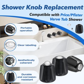 3-Pack Matte Black Shower Knob Replacement Compatible with Price Pfister Verve and Bathtub Shower Systems - Includes Bathtub Faucet Handle Trim, Hot/Cold/Diverter Knobs & 3 Screws