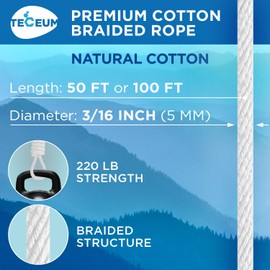 TECEUM Cotton Rope 3/16” (5 mm) – 50 FT | 100 FT – Strong All-Purpose Braided Rope – Natural Cotton – for Crafting, Сamping, Clothes Line, DIY, Indoor & Outdoor Use – White