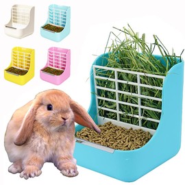 MINGZE Hay Food Bin Feeder for Rabbit Guinea Pig Chinchilla and Other Small Animals, 2 in 1 for Grass and Food (blue)