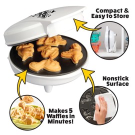 Dinosaur Mini Waffle Maker - 5 Different 3D Shaped Dinos in Minutes- Summer Breakfast Fun for Kids Adults w Cool Novelty Pancakes, Electric Baker, NonStick Waffler Iron with Recipe Guide, Gift for Him