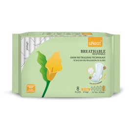 uNeat Ultra Thin Breathable Feminine Pads with Wings for Women, Odor-Neutralizing Tech, Unscented, Heavy, Extra Heavy Absorbency, Overnight (2X Long, 8 Count)