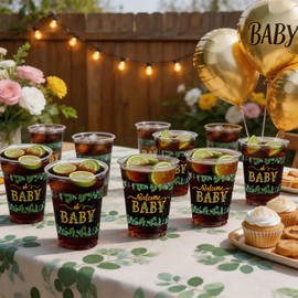 50 PCS Sage Green Baby Shower Plastic Cups,12 OZ Clear Disposable Cold Hot Drinking Cups Beverage Water Container Greenery Eucalyptus Leaves Themed Welcome Oh Baby Party Supplies