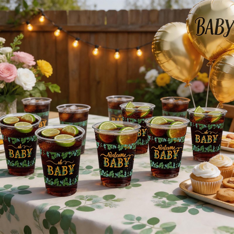 50 PCS Sage Green Baby Shower Plastic Cups,12 OZ Clear
