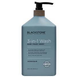 Blackstone Men's Grooming 3-in-1 Wash for Men with Coconut Oil, Aloe and Caffeine | Cleanses & Conditions Hair, Body, & Face | For All Skin & Hair Types - Ocean Blue (32 Fl Oz)