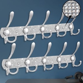 BlackFish Wall Mounted Coat Rack, Shiny Silver Rhinestones Five Heavy Duty Tri Hooks, Freestanding Purse Rack for Coat Hat Towel Purse Robes Mudroom Bathroom Entryway (2 Packs)