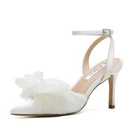Bow Knot Wedding Shoes for Bride Pointed Toe Wedding Heels Ankle Strap Bridal Shoes-Ivory-6