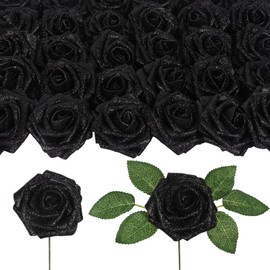 Uznaeoi Fake Black Roses 30PCS Black Glitter Roses 3.15" Foam Flowers Artificial Roses Artificial Flowers for Wedding Christmas DIY Wreath Home Table Floral Arrangement(Black)