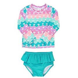 RuffleButts Girls Mermaid Long Sleeve Rash Guard Ruffle Bikini - 2T