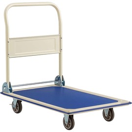 Steel Folding Platform Truck - 600 lb Capacity Cart with Foldable Handle, Non-Slip Deck & 5″ Brake Casters - Heavy-Duty Flatbed Dolly for Warehouse, Office, School - 36″ x 24″, Blue/Beige