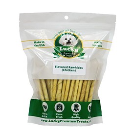 Chicken Basted Rawhide Dog Treats for Small Dogs Made in The USA Only by Lucky Premium Treats, Basted Chicken Rawhide Twists, 60 Chews