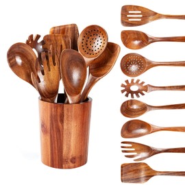 WOSPONFAN 9 PCS Kitchen Utensils Set - Wooden Spoons for Cooking, Natural Teak Wooden Utensils - Includes Wooden Spoons, Spatula Set, Slotted Spoon - Handmade Wooden Spoon Set