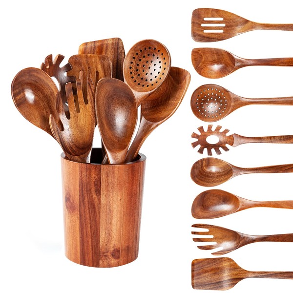 WOSPONFAN 9 PCS Kitchen Utensils Set - Wooden Spoons for