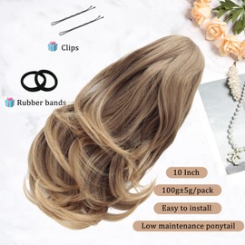 10 inch Ponytail Extension - Pony Tails Hair Extensions, Energetic Claw Clip Ponytail Extension, Quick Installation Hold Securely Messy Buns Hair Pieces for Women(Color: T18T/27)