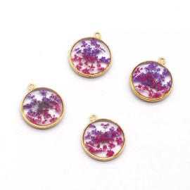 4PCS Gold Tone Real Dry Pressed Flower Resin Round Charm Pendant Supply GBY115