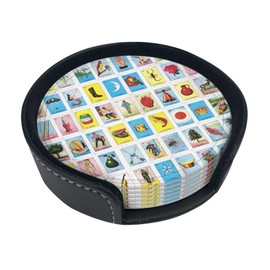 Fun Mexican Loteria Cards Coasters for Drinks Round Leather Coaster with Holder Set of 6 for Tabletop Protection Desk Accessories Office Home Room Decor