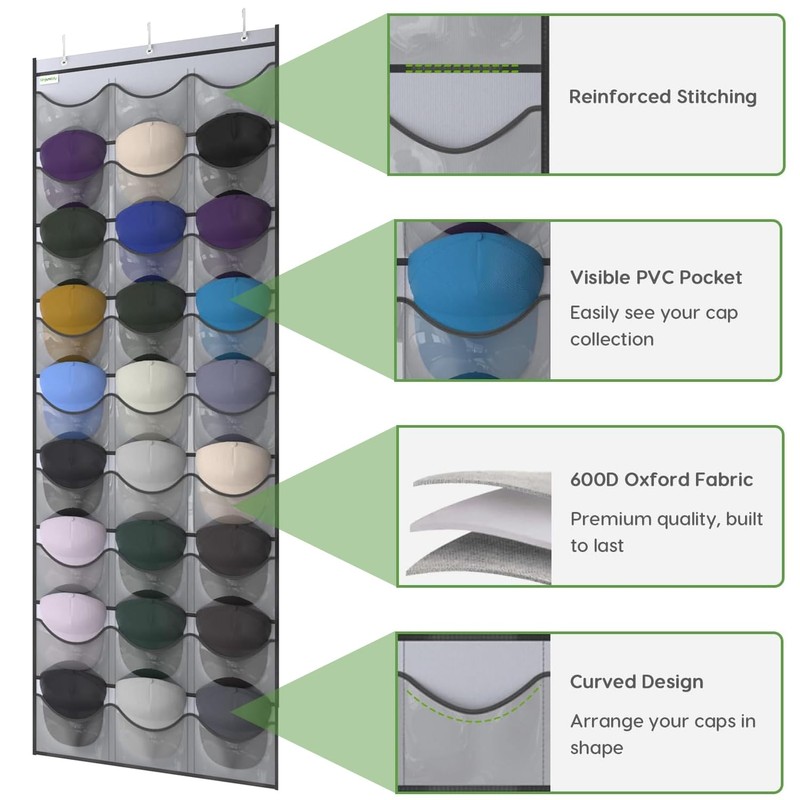 Unjumbly Baseball Hat Rack, 27 Pocket Over-The-Door Hat Organizer with