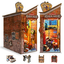 Playhiland Garage Book Nook Kit - 3D Wooden Puzzle Miniature Book Nook Kits for Adults Teen, DIY Dollhouse Bookshelf Insert Decor with Sensor LED Light, Gift for Family, Friends