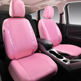 CAR PASS Bling Car Seat Covers Full Set, Shining Rhinestone Diamond Waterproof Faux Leather, Rear with Zipper, Universal Fit Automotive Glitter Crystal Sparkle Strips for Cute Women Girl, Pink