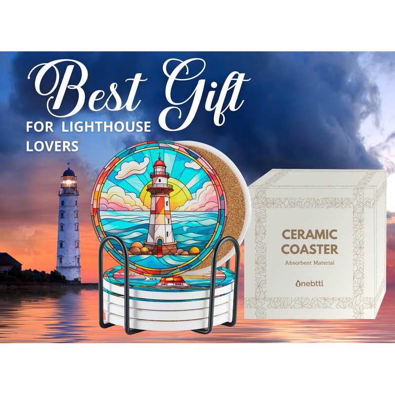 Lighthouse Gifts Coaster, Ceramic, Set of 6, with Gift Box,