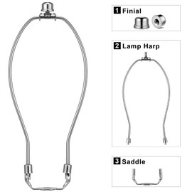 10 Inch Lamp Harp, 2 Set [Heavy Duty] Lamp Harp Holder with Lamp Finial Caps and 3/8 Standard Saddle + E26 Light Base for Table and Floor Lamps (Silver)