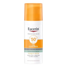 Eucerin Protector solar facial Oil Control efecto mate toque seco 50ml, matificante control brillo 12h con antioxidantes.