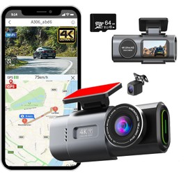T9 Dash cam,2" IPS Screen, 4K+1080P Front and Rear Dual Lens HD Car Camera Recorder Night Vision，WiFi App Control with Built-in GPS Dash Camera,Free 64G SD Card for Dashcam