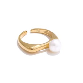 QueenBee 14K Gold 925 Adjustable Pearl Ring | Trendy Open Asymmetric Pearl Ring | Modern Design Polished Stacking Band | Adjustable Gold Pearl Jewelry | Elegant Pearl Gold Ring for Women | Jewelry Gift for Women