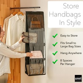 unel Hanging Handbag Storage Organiser (2 Pack), Each Hanger Holds 8 Bags for Wardrobes, Space Saving & Washable