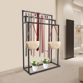 kunghei 3 Layers Floor Mounted Belt Hanger, Black Retail Display Tie Scarf Rack, Bags Belt Display Stand Men Closet Display Stand Organizer, Shawls Shelf for Clothing Retail Commercial