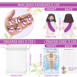 Barydat 150 Set Mini Jesus Easter Figures Little Jesus Toys Bulk Religious Christian Doll with 150 Prayer Cards and 150 Organza Bags for Sunday School Church Mother's Day Baptism Gift(Purple)
