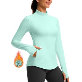 Thermal Shirts for Women Long Sleeve Mock Neck Fleece Tops Running Workout Cold Weather Gear with Zip Pocket(Aqua,XXL)