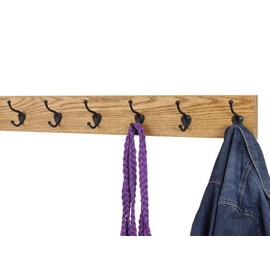 PegandRail Oak Wall Mounted Coat Rack with Bronze Hooks 4.5" Ultra Wide (Golden Oak, 30.5" x 4.5" with 6 Hooks)