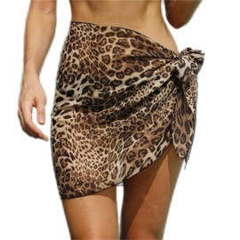 SiWen Sarong Swimsuit Coverups for Women，Beach Bikini Wrap Sheer Short Skirt Chiffon Scarf (leopard print)