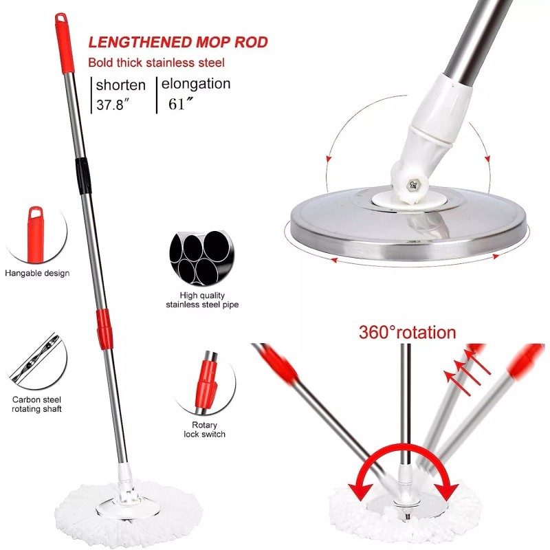360° Spin Mop and Bucket w/wringer Set +2 Microfiber Refills