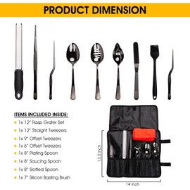 7 Pc Black Plating Tools Culinary Set (Professional Chef Utensils)| Chef Kit with 3 Plating Spoons, 3 Chef Plating Tweezers, Offset Spatula. Bundled with Zester Tool Set and Silicon Basting Brush