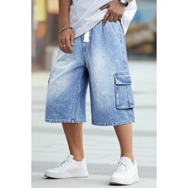 GINGTTO Mens Baggy Jorts Y2k Loose Fit Jean Shorts for Men Long Denim Shorts Men Below Knee Stretch Waist Light Blue 34