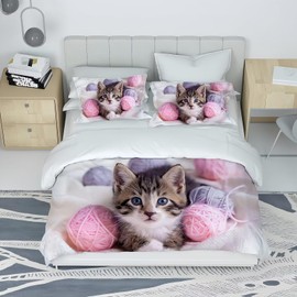 Tabeskly Kids Girls Bedding Set Single, Cat Cute Soft Zipper Childrens Full Bed 3 Piece Cover Duvet Quilt Covers and Pillowcases - Small Mildly Cosy Budget Bedclothes 135×200cm