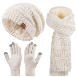 Women's Beanie Hat Scarf Gloves Set Fleece Lined Winter Hat with Touchscreen Gloves for Women