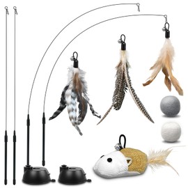 Rosaui Cat Toy, Pack of 12 Cat Fishing Rod with 2 Suction Cups, Cat Toy, Self-Activity with Mouse, Naturally Interactive Cat Toy for Cats, Intelligence Toy with Feathers