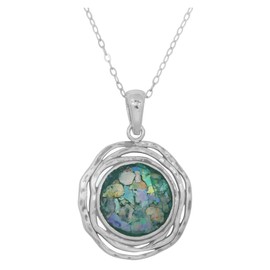 Sterling Silver Round Ancient Roman Glass Pendant Necklace with Textured Triple Frame and 18" Chain