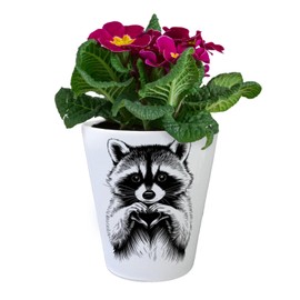 Raccoon showing heart flower pot for animal lovers, cute plant pot for animal lovers