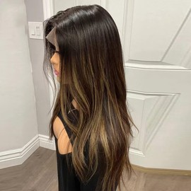 180 Density Ombre Caramel Brown Highlights Sliky Straight 13x4 HD Invisible Lace Front Human Hair Wigs With Bleached Knots Brazilian Remy Hair Balayage Colored for Women Highlight Straight Wigs 16"